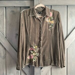 Anthropologie Brown Velvet Button-Down Shirt with Floral Embroidery